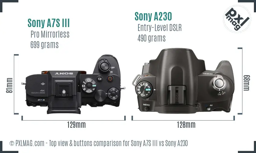 Sony A7S III vs Sony A230 top view buttons comparison Sony A7S III vs Sony A230 top view buttons comparison