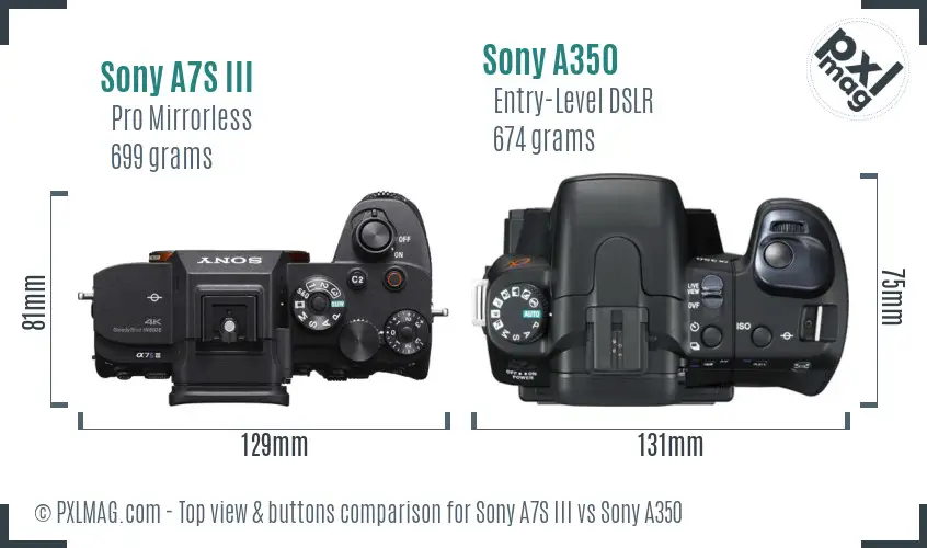 Sony A7S III vs Sony A350 top view buttons comparison Sony A7S III vs Sony A350 top view buttons comparison