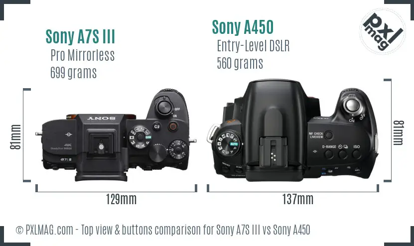 Sony A7S III vs Sony A450 top view buttons comparison Sony A7S III vs Sony A450 top view buttons comparison