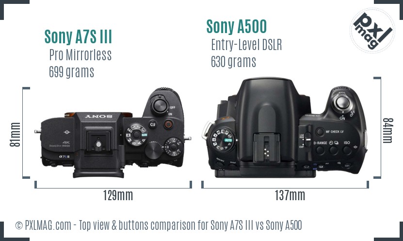 Sony A7S III vs Sony A500 top view buttons comparison