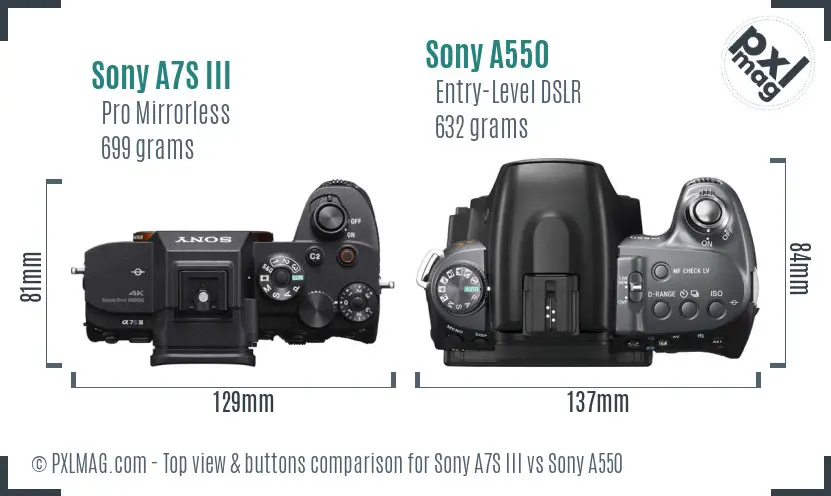 Sony A7S III vs Sony A550 top view buttons comparison
