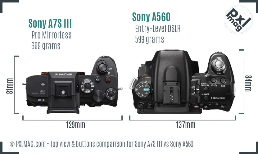 Sony A7S III vs Sony A560 top view buttons comparison