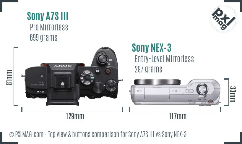 Sony A7S III vs Sony NEX-3 top view buttons comparison