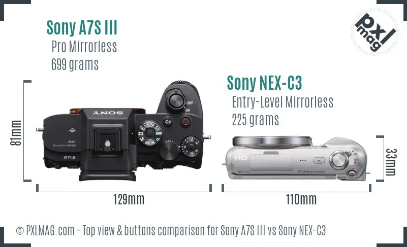 Sony A7S III vs Sony NEX-C3 top view buttons comparison