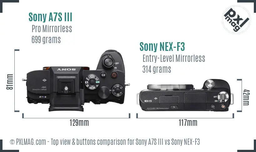 Sony A7S III vs Sony NEX-F3 top view buttons comparison