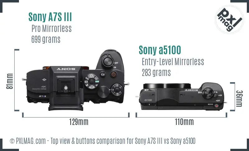 Sony A7S III vs Sony a5100 top view buttons comparison