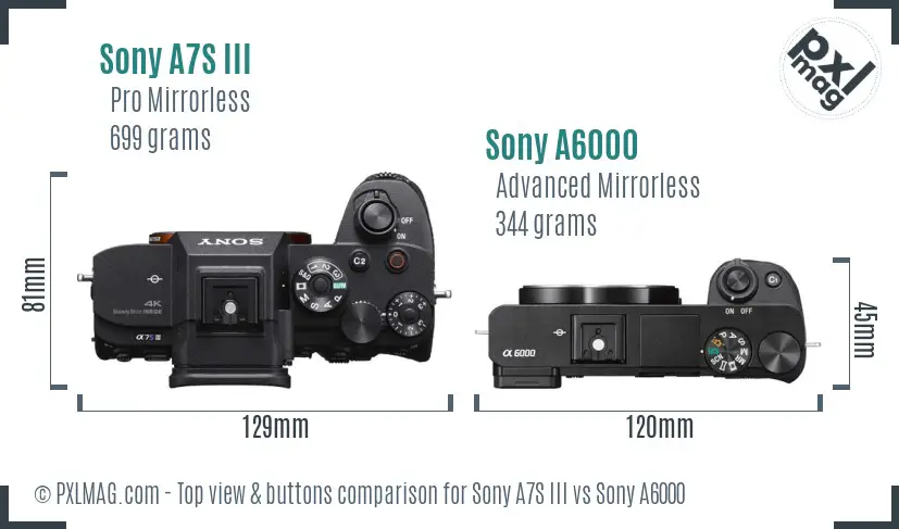 Sony A7S III vs Sony A6000 top view buttons comparison