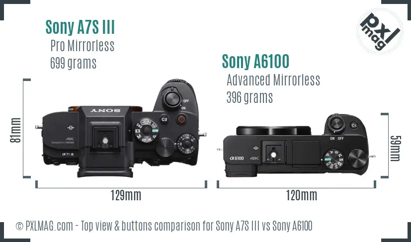 Sony A7S III vs Sony A6100 top view buttons comparison