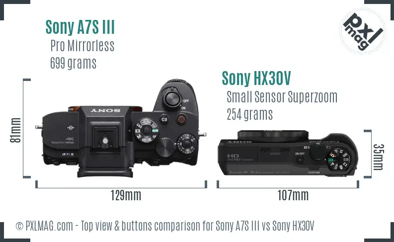 Sony A7S III vs Sony HX30V top view buttons comparison