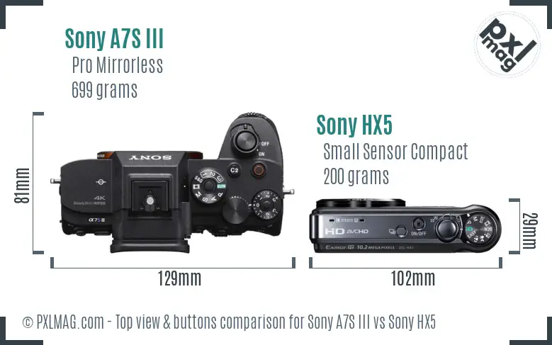 Sony A7S III vs Sony HX5 top view buttons comparison