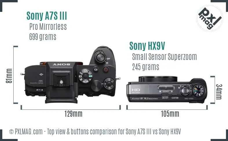 Sony A7S III vs Sony HX9V top view buttons comparison