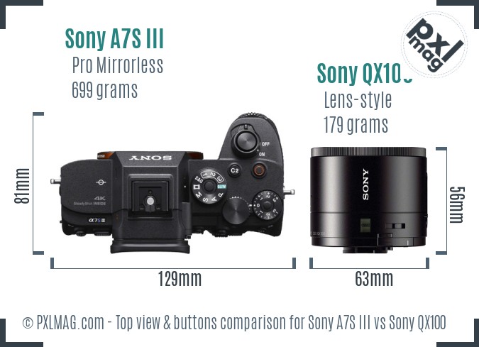 Sony A7S III vs Sony QX100 top view buttons comparison