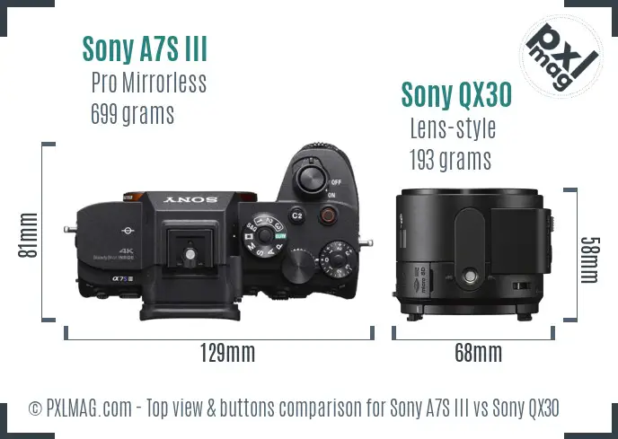 Sony A7S III vs Sony QX30 top view buttons comparison