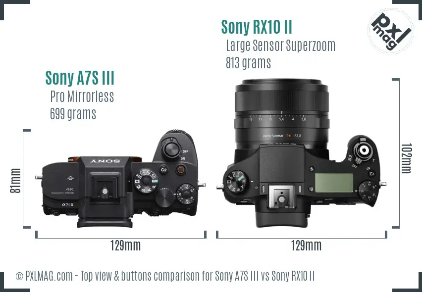 Sony A7S III vs Sony RX10 II top view buttons comparison