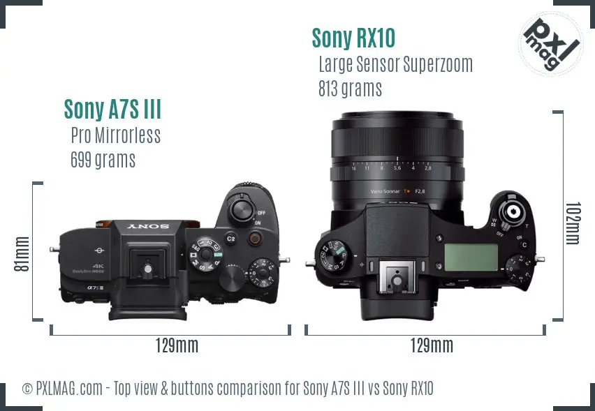 Sony A7S III vs Sony RX10 top view buttons comparison