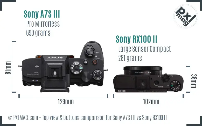 Sony A7S III vs Sony RX100 II top view buttons comparison