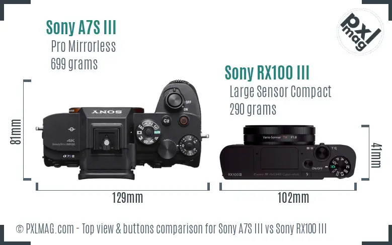 Sony A7S III vs Sony RX100 III top view buttons comparison