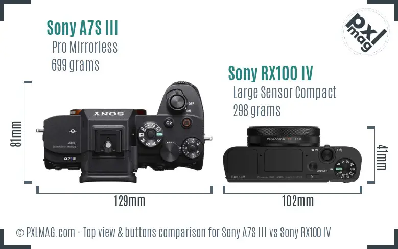 Sony A7S III vs Sony RX100 IV top view buttons comparison Sony A7S III vs Sony RX100 IV top view buttons comparison