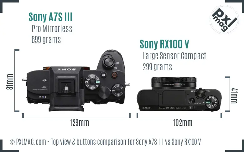 Sony A7S III vs Sony RX100 V top view buttons comparison Sony A7S III vs Sony RX100 V top view buttons comparison