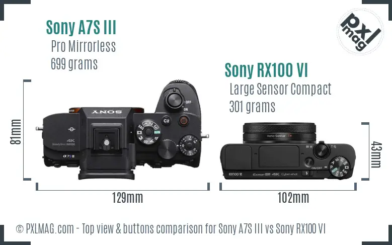 Sony A7S III vs Sony RX100 VI top view buttons comparison