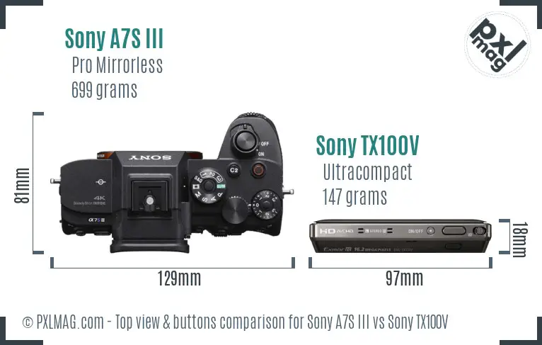 Sony A7S III vs Sony TX100V top view buttons comparison