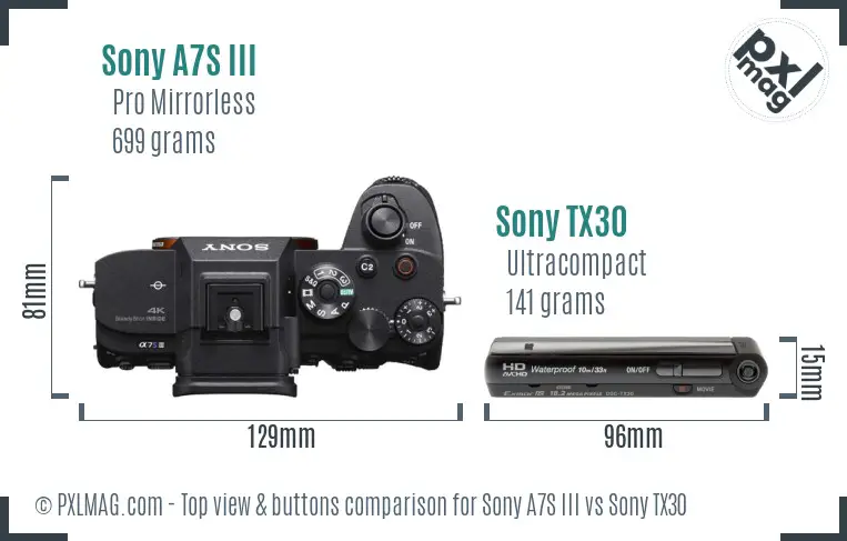 Sony A7S III vs Sony TX30 top view buttons comparison