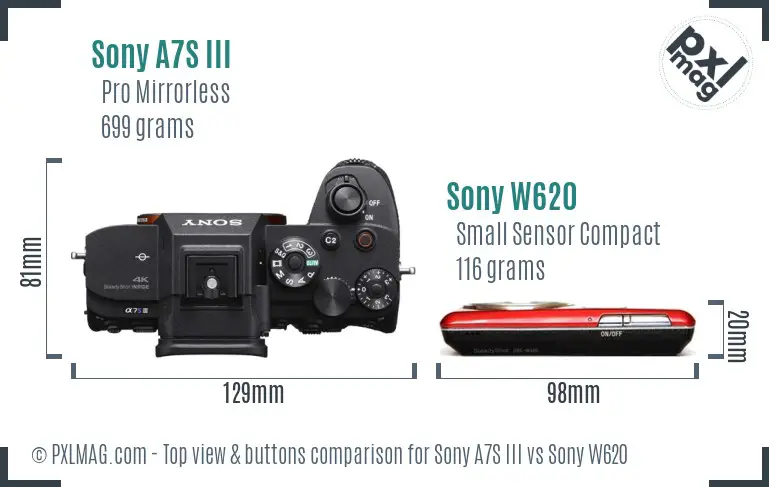 Sony A7S III vs Sony W620 top view buttons comparison