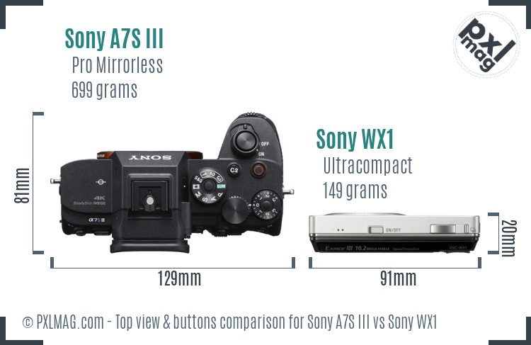 Sony A7S III vs Sony WX1 top view buttons comparison