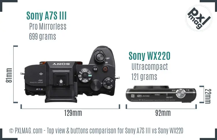 Sony A7S III vs Sony WX220 top view buttons comparison