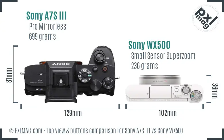 Sony A7S III vs Sony WX500 top view buttons comparison Sony A7S III vs Sony WX500 top view buttons comparison
