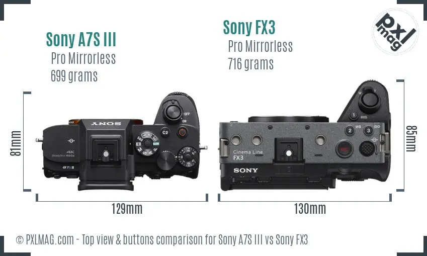 Sony A7S III vs Sony FX3 top view buttons comparison