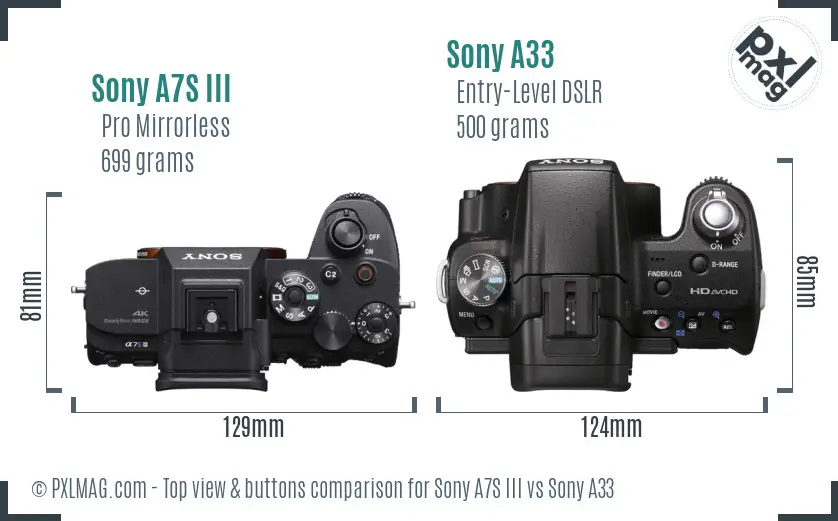 Sony A7S III vs Sony A33 top view buttons comparison