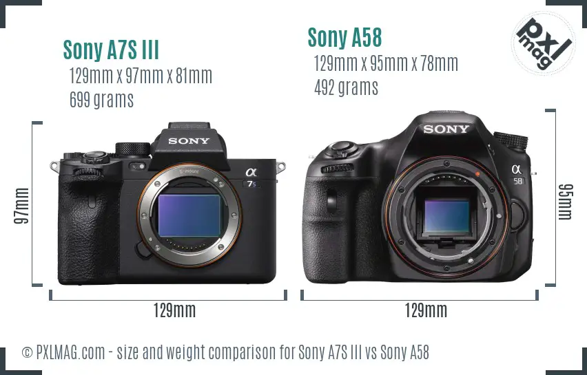 Sony A7S III vs Sony A58 size comparison Sony A7S III vs Sony A58 size comparison