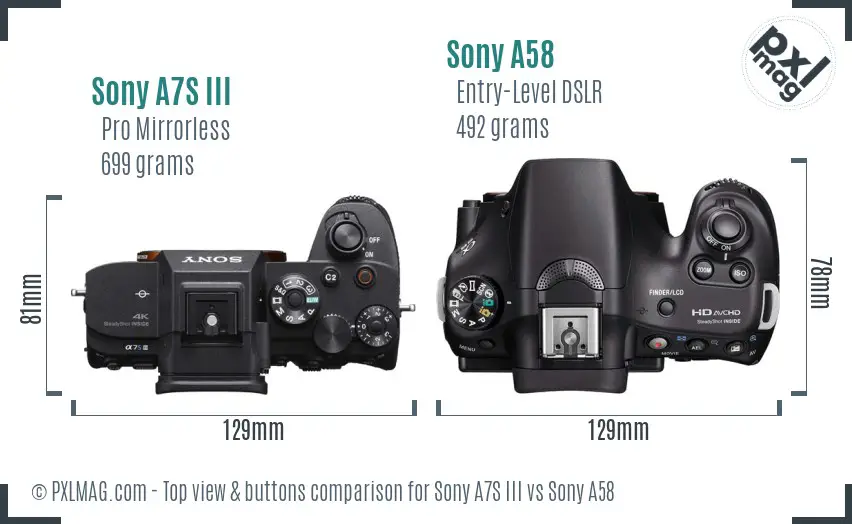 Sony A7S III vs Sony A58 top view buttons comparison Sony A7S III vs Sony A58 top view buttons comparison
