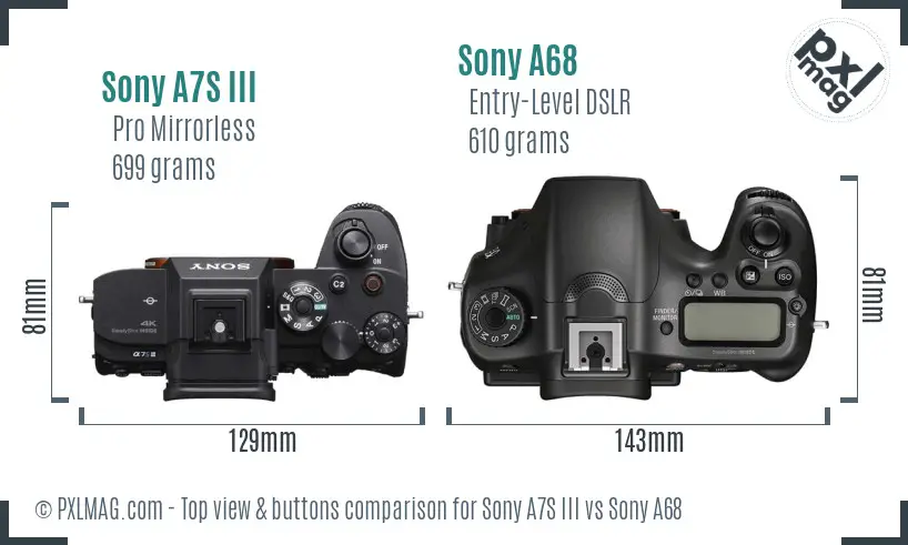 Sony A7S III vs Sony A68 top view buttons comparison