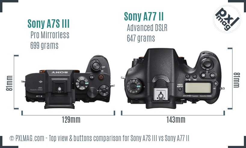 Sony A7S III vs Sony A77 II top view buttons comparison