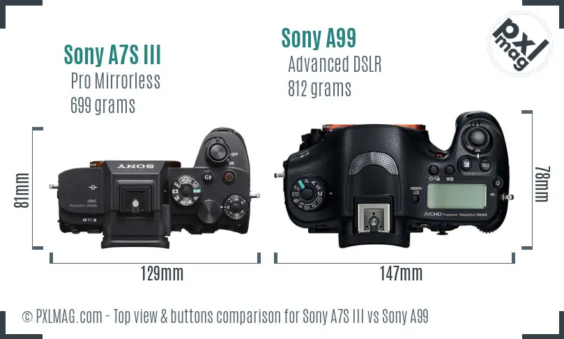 Sony A7S III vs Sony A99 top view buttons comparison