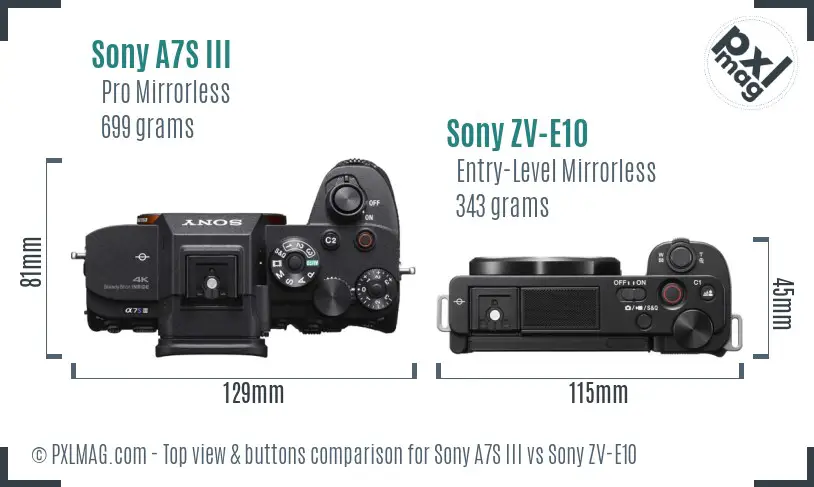 Sony A7S III vs Sony ZV-E10 top view buttons comparison