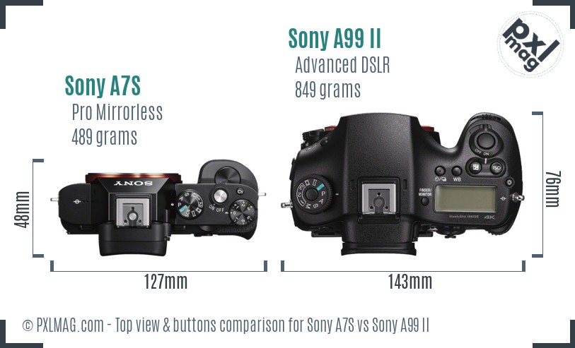 Sony A7S vs Sony A99 II top view buttons comparison