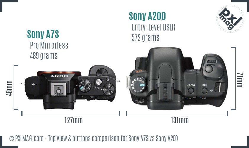 Sony A7S vs Sony A200 top view buttons comparison