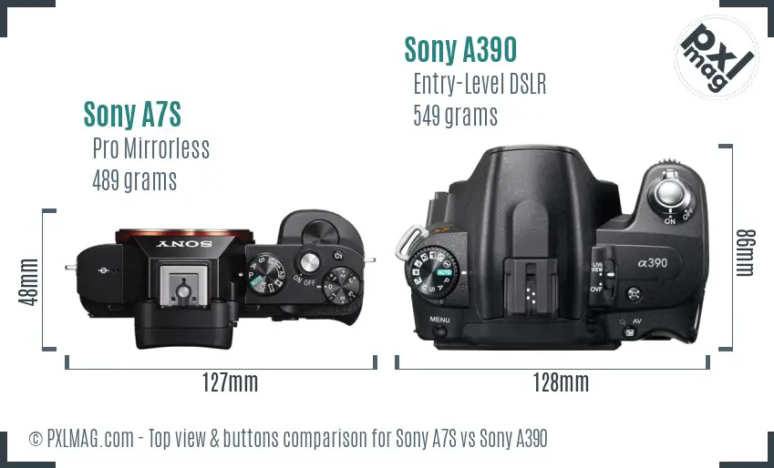 Sony A7S vs Sony A390 top view buttons comparison
