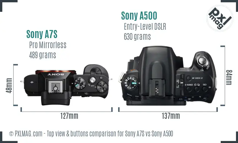 Sony A7S vs Sony A500 top view buttons comparison Sony A7S vs Sony A500 top view buttons comparison