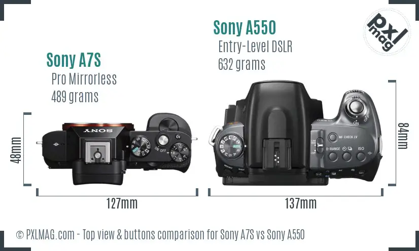 Sony A7S vs Sony A550 top view buttons comparison