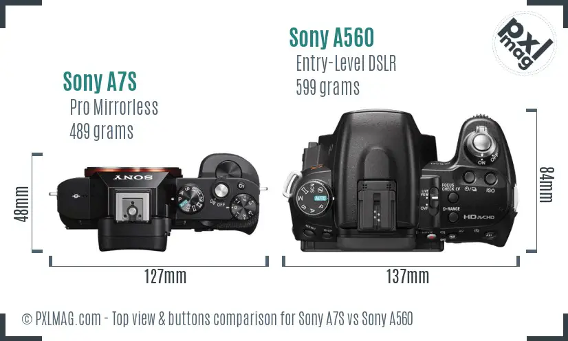 Sony A7S vs Sony A560 top view buttons comparison