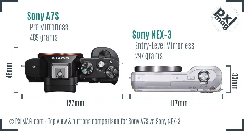 Sony A7S vs Sony NEX-3 top view buttons comparison