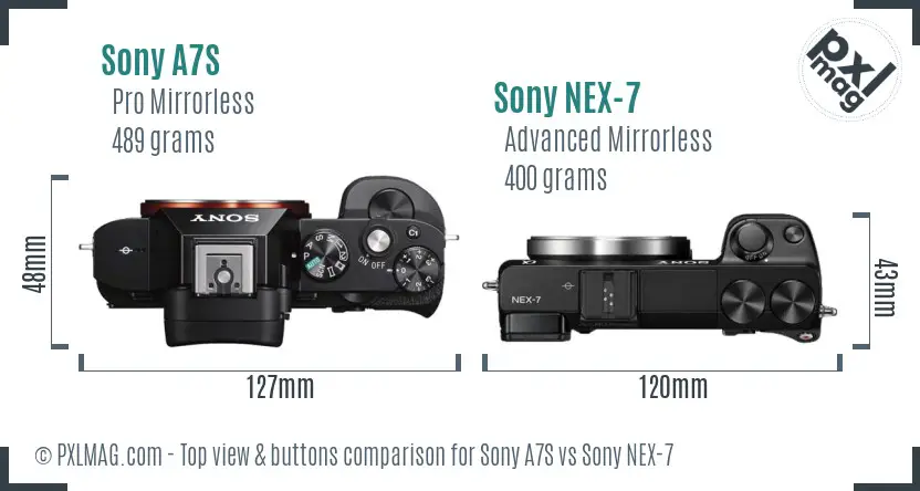 Sony A7S vs Sony NEX-7 top view buttons comparison