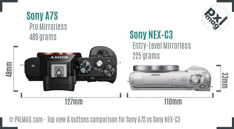 Sony A7S vs Sony NEX-C3 top view buttons comparison