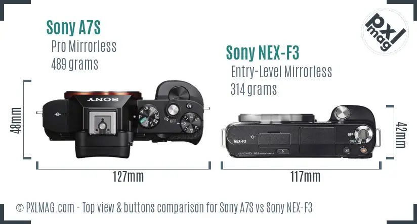 Sony A7S vs Sony NEX-F3 top view buttons comparison