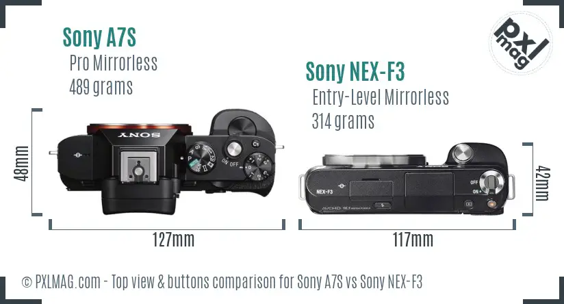 Sony A7S vs Sony NEX-F3 top view buttons comparison Sony A7S vs Sony NEX-F3 top view buttons comparison