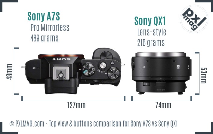 Sony A7S vs Sony QX1 top view buttons comparison